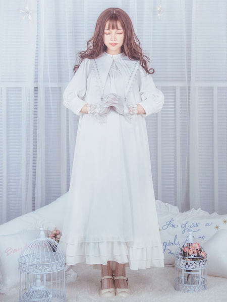Classic Lolita OP One Piece Dress Stand Collar Long Sleeve Frills Ruffles White Lolita Dresses With Bows