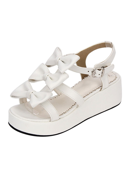 Milanoo Sweet Lolita Shoes Open Toe Wedge Heel Bows Flat White Lolita Sandals