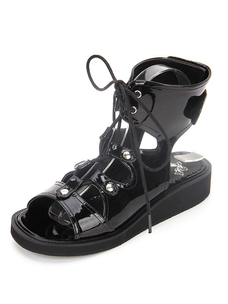 Milanoo Gothic Lolita Shoes Open Toe Lace Up Wedge Heel Flat Black Lolita Sandals