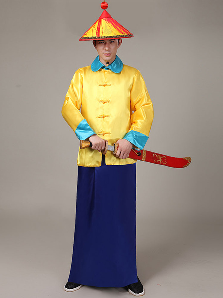 Milanoo Halloween Chinese Costume Yellow Qing Dynasty Long Top With Skirt And Hat For Men