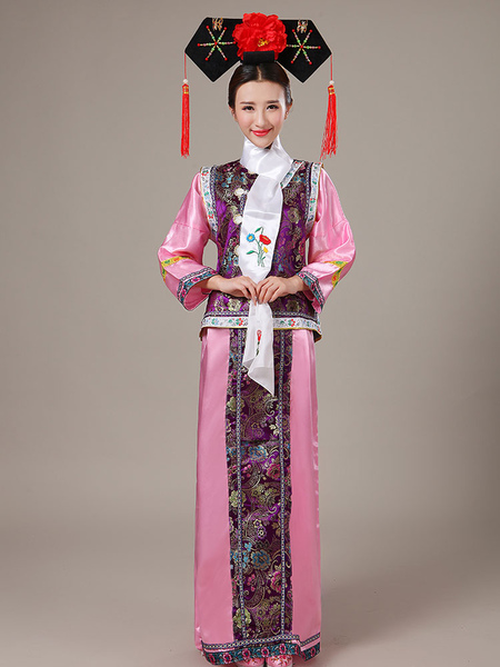 Image of Halloween Chinese Costume Mahogany Satin Color Block Long Dress With Waistcoat For Women