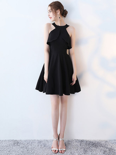 

Milanoo Little Black Dress Cold Shoulder Cut Out Homecoming Dresses A Line Cross Back Cocktail Dress