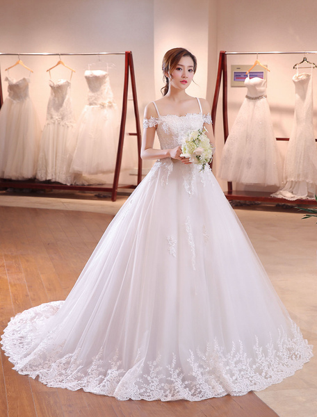 milanoo.com Princess Wedding Dresses Off The Shoulder Bridal Dress Straps Lace Applique Beading Wedding Gown With Long Train