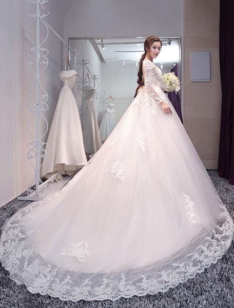 Milanoo Princess Wedding Dresses Long Sleeve Bridal Dresses Lace Backless Illusion Wedding Gown With