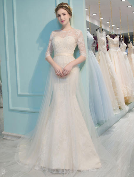 Milanoo Mermaid Wedding Dresses Lace Half Sleeve Illusion Sweetheart Beading Keyhole Bridal Gown Wit