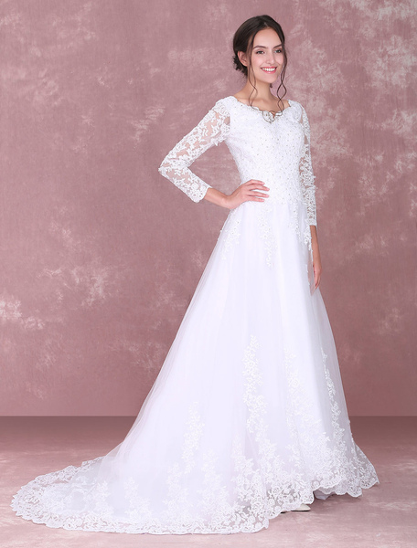 Milanoo Spitze Hochzeit Kleid mit Reißverschluss in Weiß natürliche Taillenlinie 50cm