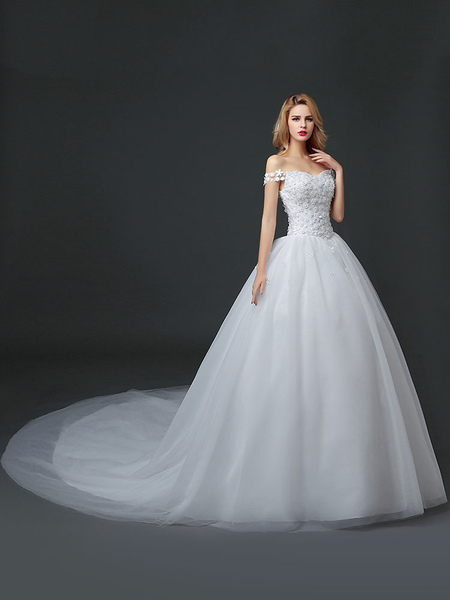 Milanoo Princess Wedding Dresses Off The Shoulder Lace 3D Flowers Applique Tulle Ivory Long Train Br