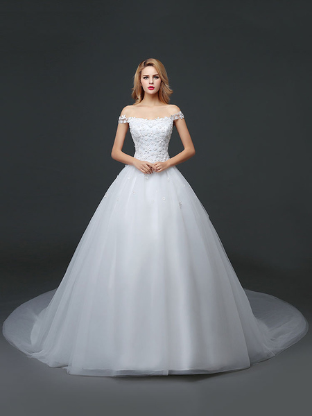 Milanoo Princess Wedding Dresses Off The Shoulder Lace 3D Flowers Applique Tulle Ivory Long Train Br