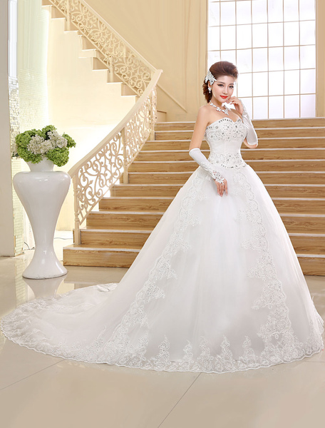 milanoo.com Princess Wedding Dresses Strapless Ball Gown Bridal Dress Lace Applique Sweetheart Neckline Sequins Beading Ivory Long Train Bridal Gown