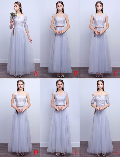 Milanoo Silver Bridesmaid Dresses Long Lace Tulle A Line Ankle Length Prom Dresses