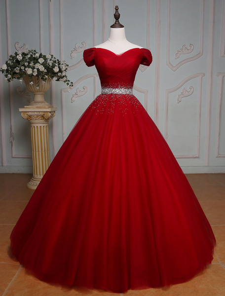 Milanoo Burgundy Quinceanera Dresses Princess Tulle Beading Off The Shoulder Pleated Floor Length Wo