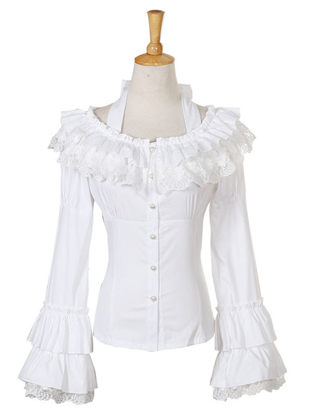 

Milanoo Rococo Lolita Blouse Chiffon Bell Sleeve Lace Ruffles Frills Scoop Neck White Lolita Top