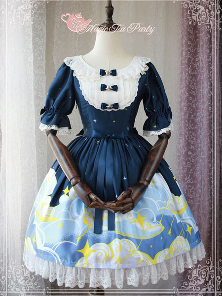 Milanoo Classic Lolita OP One Piece Dress Magic Tea Party Round Neck Short Sleeve Ruffles Bows Print