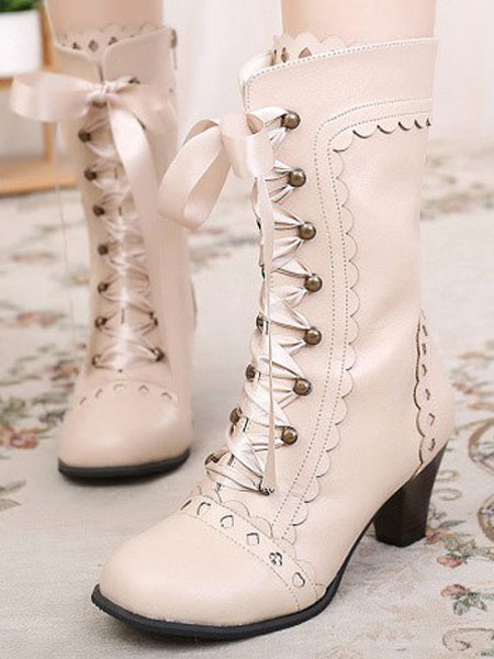Milanoo Classic Lolita Boots Round Toe Prism Heel Lace Up Champagne Lolita Winter Boots