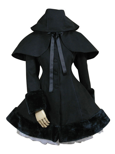 Milanoo Gothic Lolita Outfits Wool Black Ribbons Hooded Cape With Winter Coat