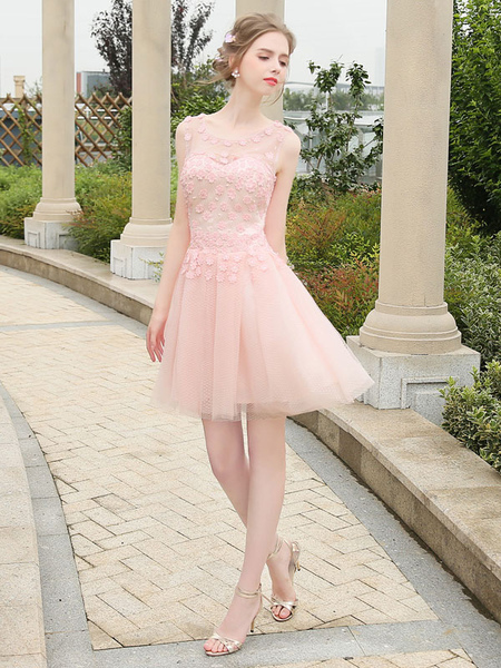 Milanoo Short Prom Dress Soft Pink Homecoming Dress Tulle Illusion Mini Formal Party Wedding Guest D