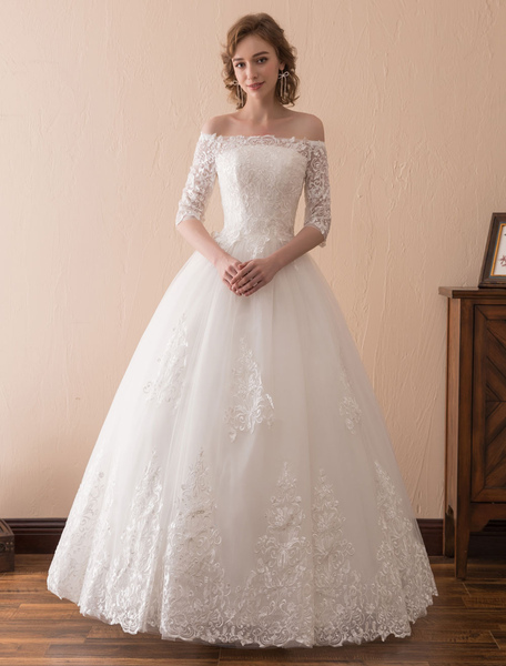 Milanoo Wedding Dresses Princess Lace Off The Shoulder Bridal Gown Half Sleeve Floor Length Bridal D