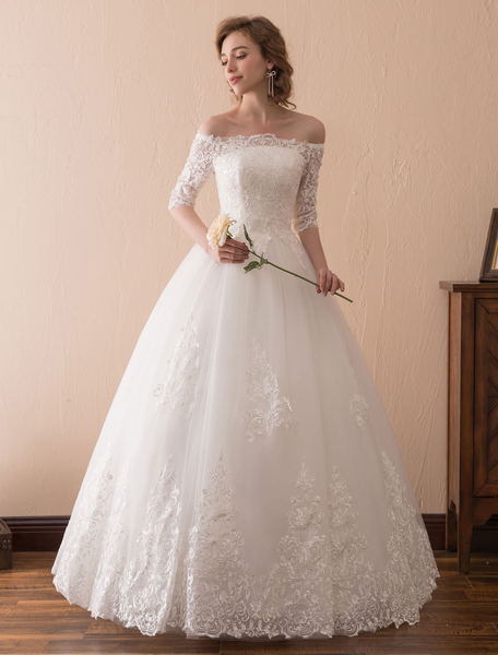 Milanoo Wedding Dresses Princess Lace Off The Shoulder Bridal Gown Half Sleeve Floor Length Bridal D