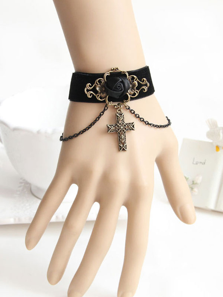 bracelet lolita gothique en velours bicolore ornement métallique avec bracelet quotidienne accessoire noire déguisements halloween