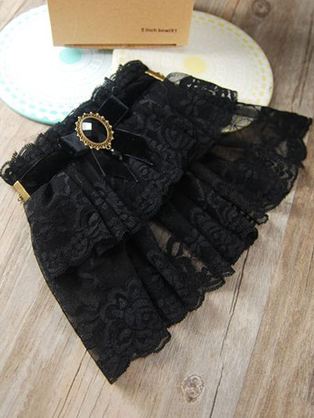 milanoo.com Classic Lolita Wrist Bands Lace Ruffles Gems Black Lolita Accessories