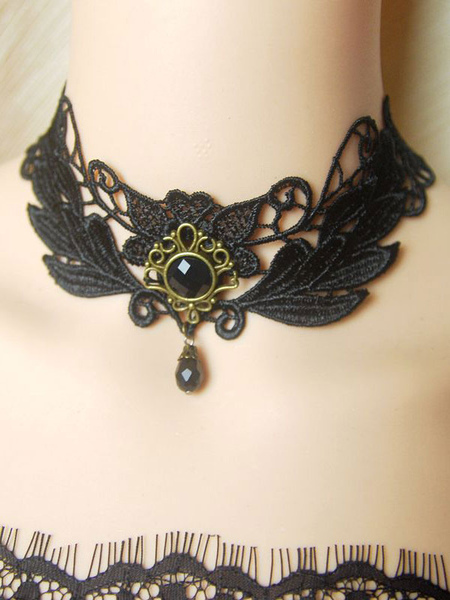 collier lolita classique collier bicolore tea party accessoire en mélangé de coton avec dentelle ornement métallique déguisements halloween