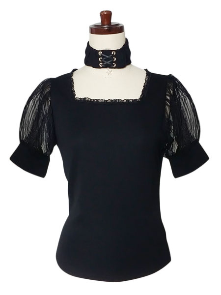 Milanoo Gothic Lolita Blouse Square Neck Short Sleeve Pleated Black Lolita Top