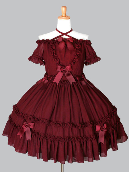 Milanoo Gothic Lolita OP One Piece Dress Off The Shoulder Halter Ruffles Bows Pleated Burgundy Lolit