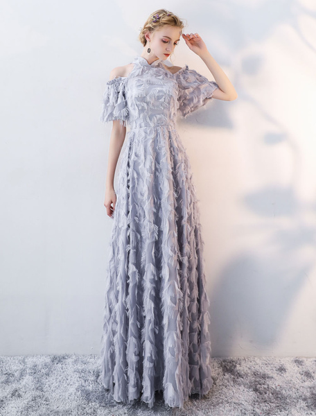 Milanoo Prom Dresses Long Light Grey Cold Shoulder Evening Dress Lace Stand Collar Floor Length Form