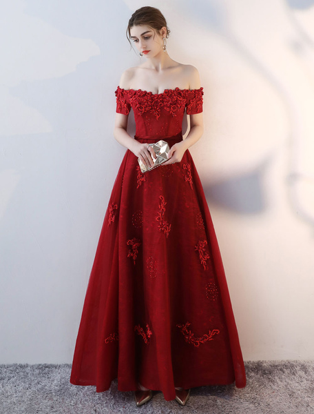 Milanoo Prom Dresses Long Burgundy Off The Shoulder Prom Dress Lace Applique Heavy Beading Sash Floo