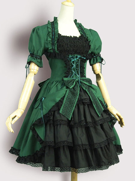 Milanoo Gothic Lolita OP One Piece Dress Square Neck Short Sleeve Lace Up Ruffles Green Lolita Dress