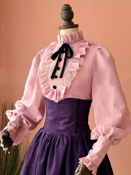 Image of Camicette Lolita stile di Rococò monocolore con annodature pieghettature maniche lunghe con colletto alla coreana