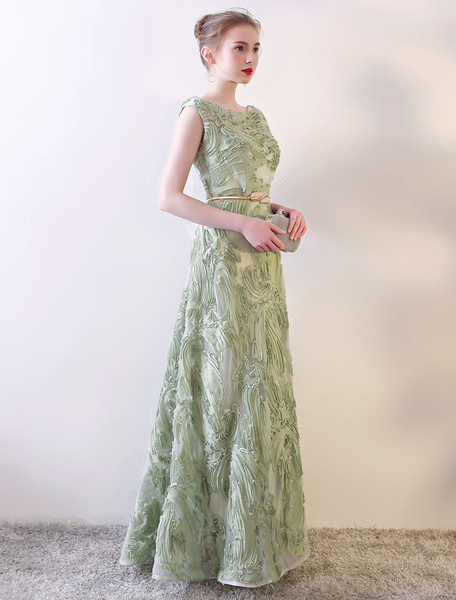 Milanoo Prom Dresses Long Sage Green Embossment Fabric Texture Sleeveless A Line Floor Length With S