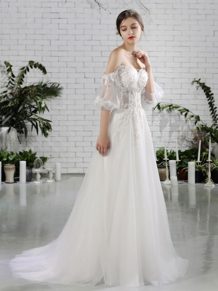 Milanoo Beach Bridal Dress Ivory Off Shoulder Wedding Gowns Half Sleeve Flowers Beaded Sweetheart Ne
