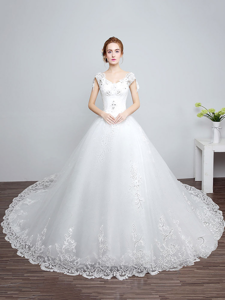 Milanoo Princess Wedding Dresses Ivory Backless Bridal Dress Lace Applique V Neck Long Train Wedding