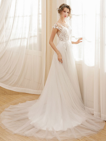 Milanoo Beach Wedding Dress Bohemian Maxi Bridal Dresses Ivory Flowers Applique Illusion Open Back S