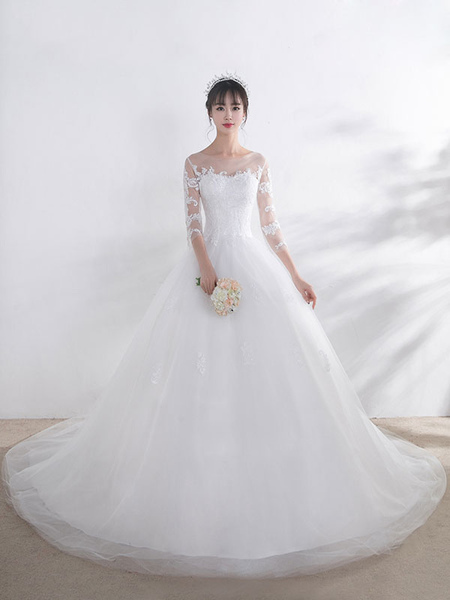 Milanoo Ivory Wedding Dress Lace Applique Illusion Sweetheart Backless Half Sleeve A Line Chapel Tra