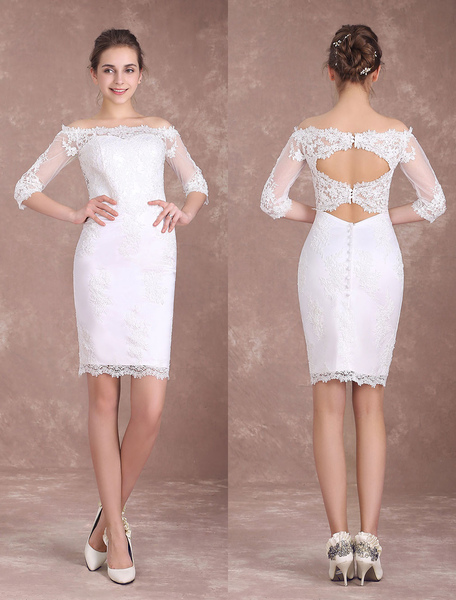 Milanoo Short Wedding Dresses Sheath Lace Bridal Dress Ivory Off The Shoulder Half Sleeve Illusion K