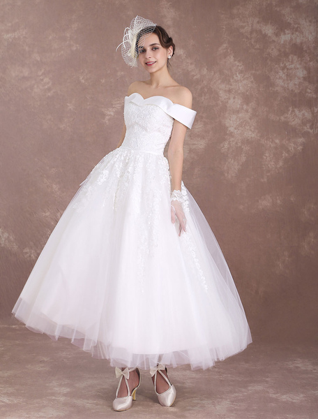 Milanoo Short Wedding Dresses Off The Shoulder Vintage Bridal Dress 1950'S Lace Applique Tulle Tea L
