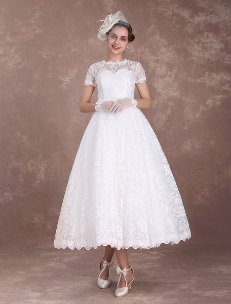 Milanoo Lace Wedding Dresses Short Sleeve 1950'S Vintage Bridal Dress Sweetheart Illusion Ivory A Li