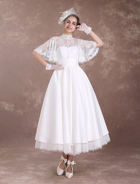 Milanoo Brautkleider Vintage A-Linie- Elfenbeinfarbe       Halskragen Hochzeitskleid Vintage Spitze