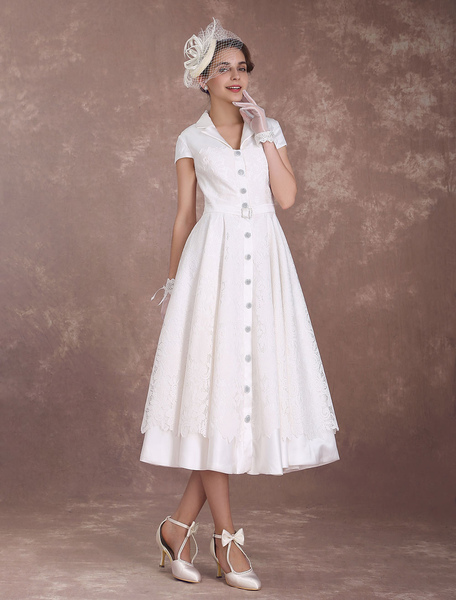 Milanoo Brautkleider Vintage Spitze A-Linie- Designender Ausschnitt Hochzeitskleid Vintage Elfenbein
