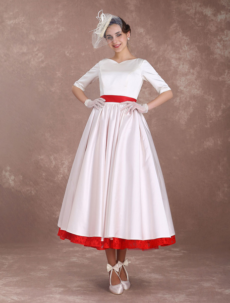 Milanoo Brautkleider Vintage Satingewebe A-Linie- V-Ausschnitt Hochzeitskleid Vintage Elfenbeinfarbe