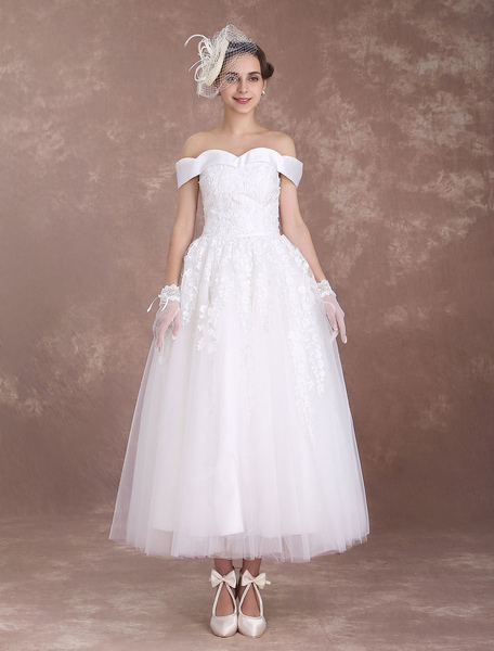 Milanoo Short Wedding Dresses Off The Shoulder Vintage Bridal Dress 1950'S Lace Applique Tulle Tea L