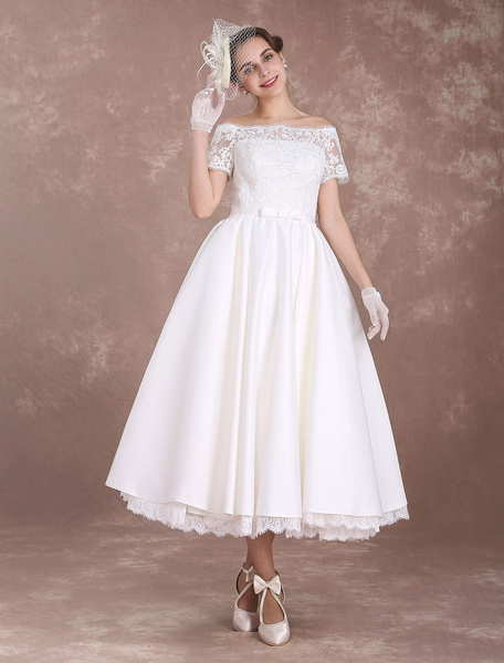 Milanoo Short Wedding Dresses Vintage Bridal Dress 1950'S Bateau Lace Short Sleeve Ivory Bow Sash Te