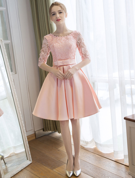 Milanoo Cocktail Dress Soft Pink Satin Homecoming Dress Lace Half Sleeve Bow Sash Graduation Dresses