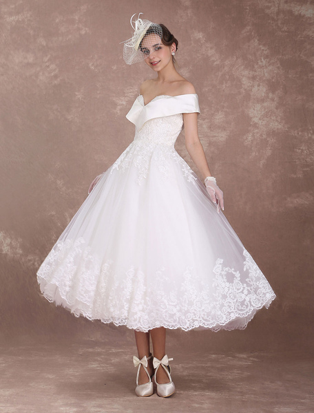 Milanoo Vintage Wedding Dresses Off The Shoulder Short Bridal Dress 1950'S Lace Applique Beaded Tea