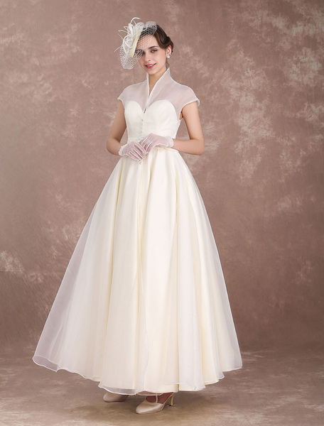 Milanoo Robe de Mariée Vintage A-ligne détail zip en organza Tissu de satin robe de mariée rétro ave