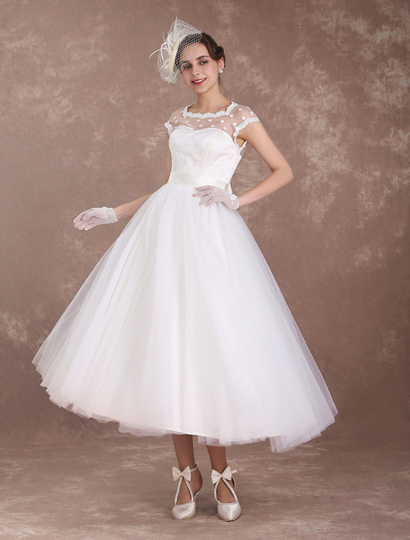 Milanoo Short Wedding Dresses Vintage 1950'S Bridal Dress Open Back Polka Dot Ivory A Line Tea Lengt