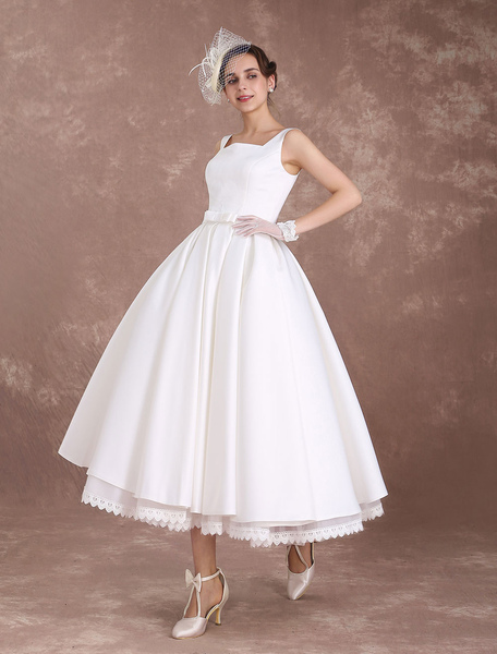 Milanoo White Wedding Dresses Short Vintage Bridal Dress 1950'S Satin Straps Bow Sash Tea Length Roc