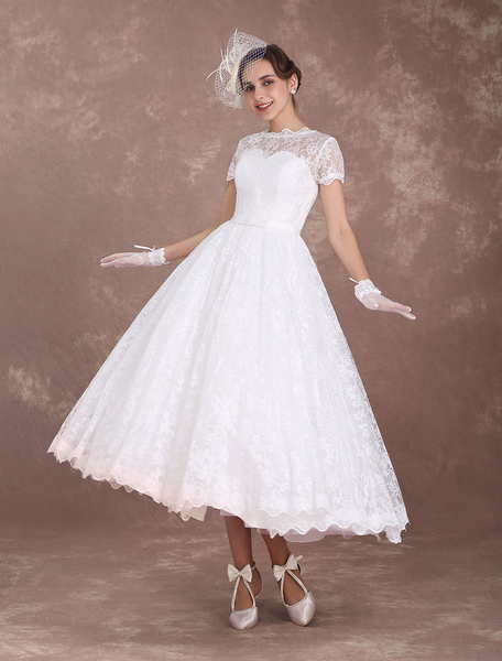 milanoo.com Lace Wedding Dresses Short Sleeve 1950'S Vintage Bridal Dress Sweetheart Illusion Ivory A Line Tea Length Wedding Reception Dress Milanoo